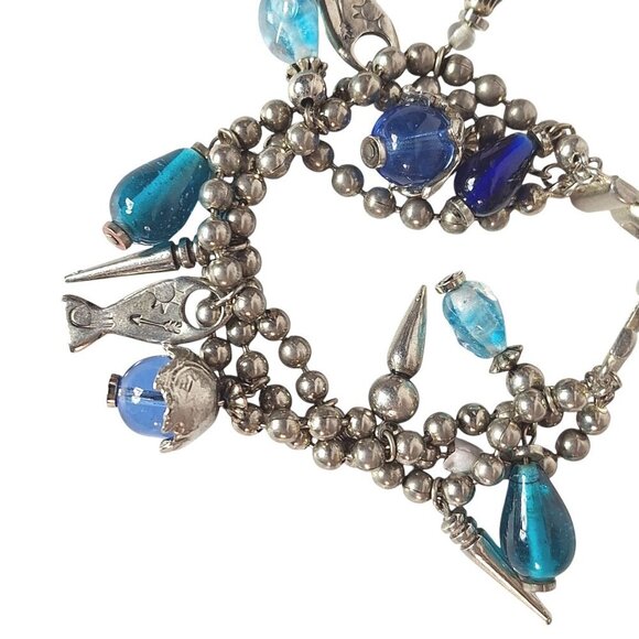 Beaded Charm Bracelet Silver and Blue Fish Pendants Jewelry - Picture 5 of 7